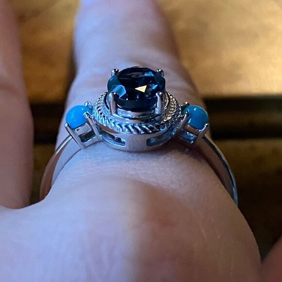 London Blue Topaz Sleeping Beauty Turquoise Sterling Silver Ring Size 9 - Picture 2 of 10
